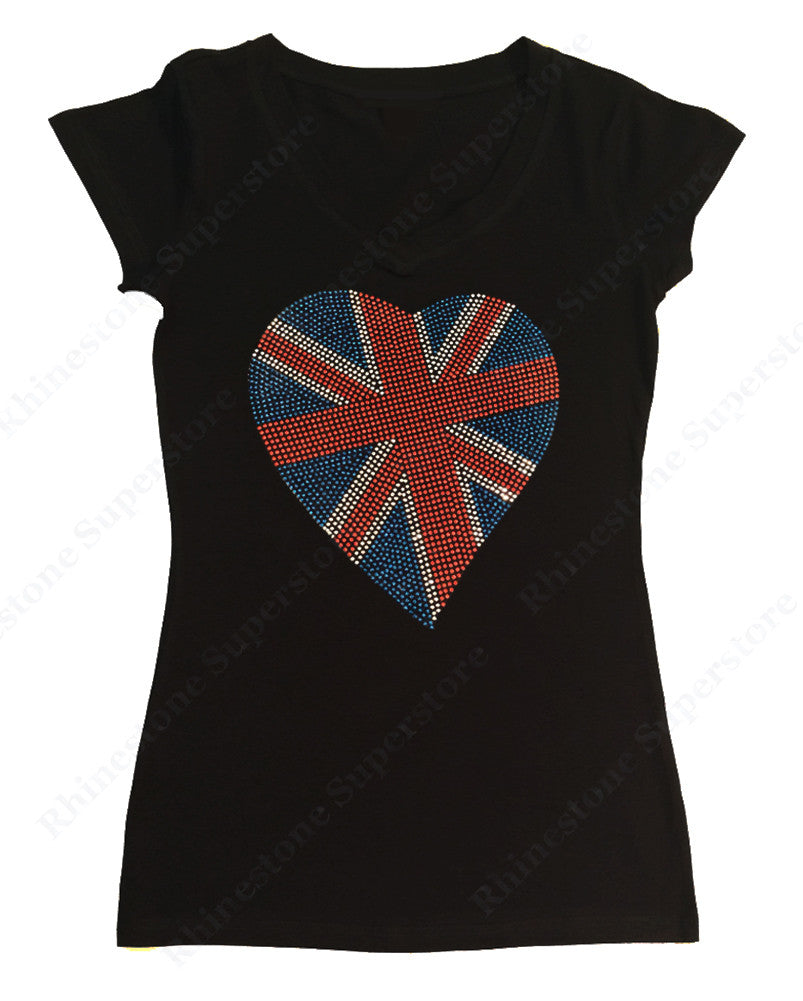 Womens T-shirt with British Flag Heart in Rhinestuds