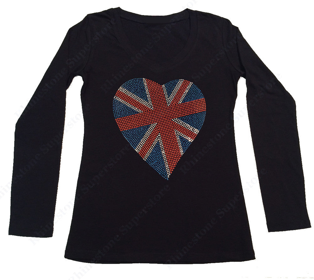 Womens T-shirt with British Flag Heart in Rhinestuds