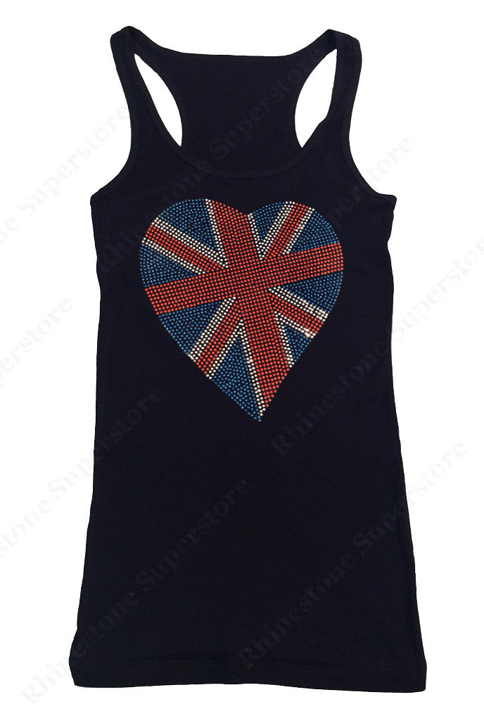 Womens T-shirt with British Flag Heart in Rhinestuds