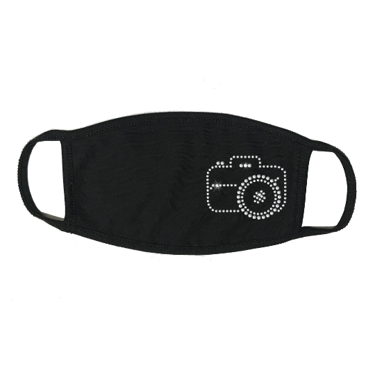 Rhinestone Embellished Black Face Mask with " Camera " Face Cover