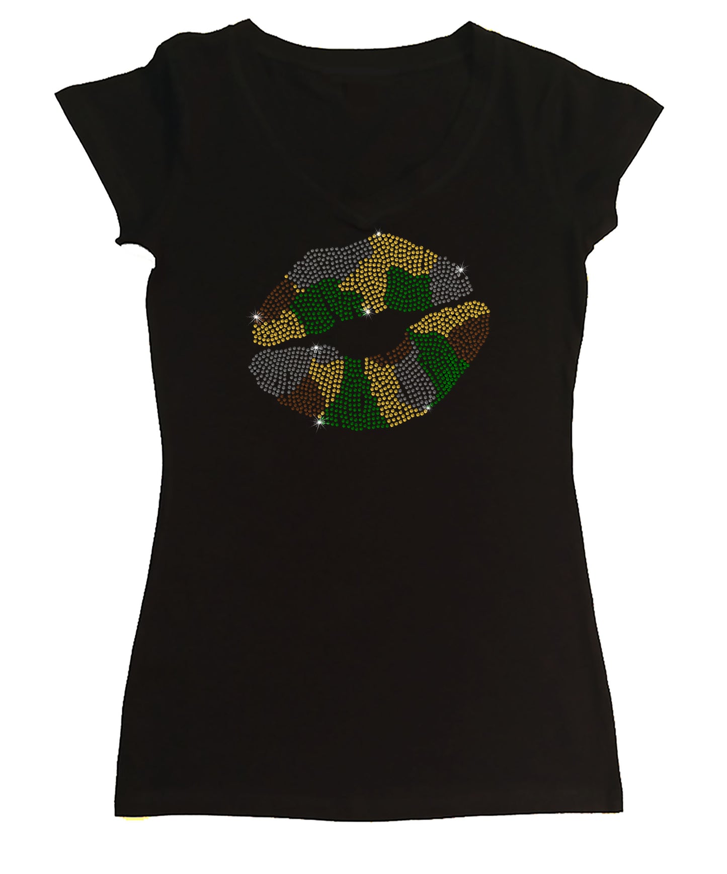 Womens T-shirt with Camo Lips in Rhinestones