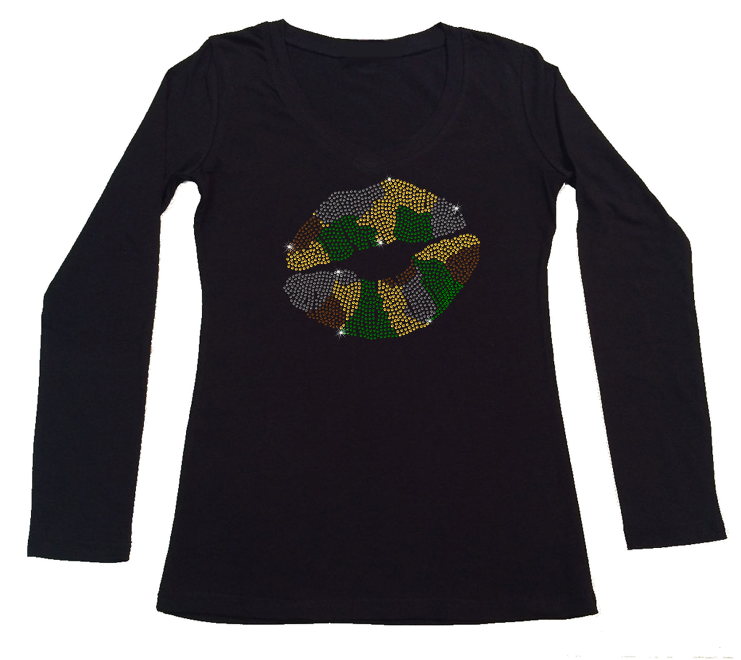 Womens T-shirt with Camo Lips in Rhinestones