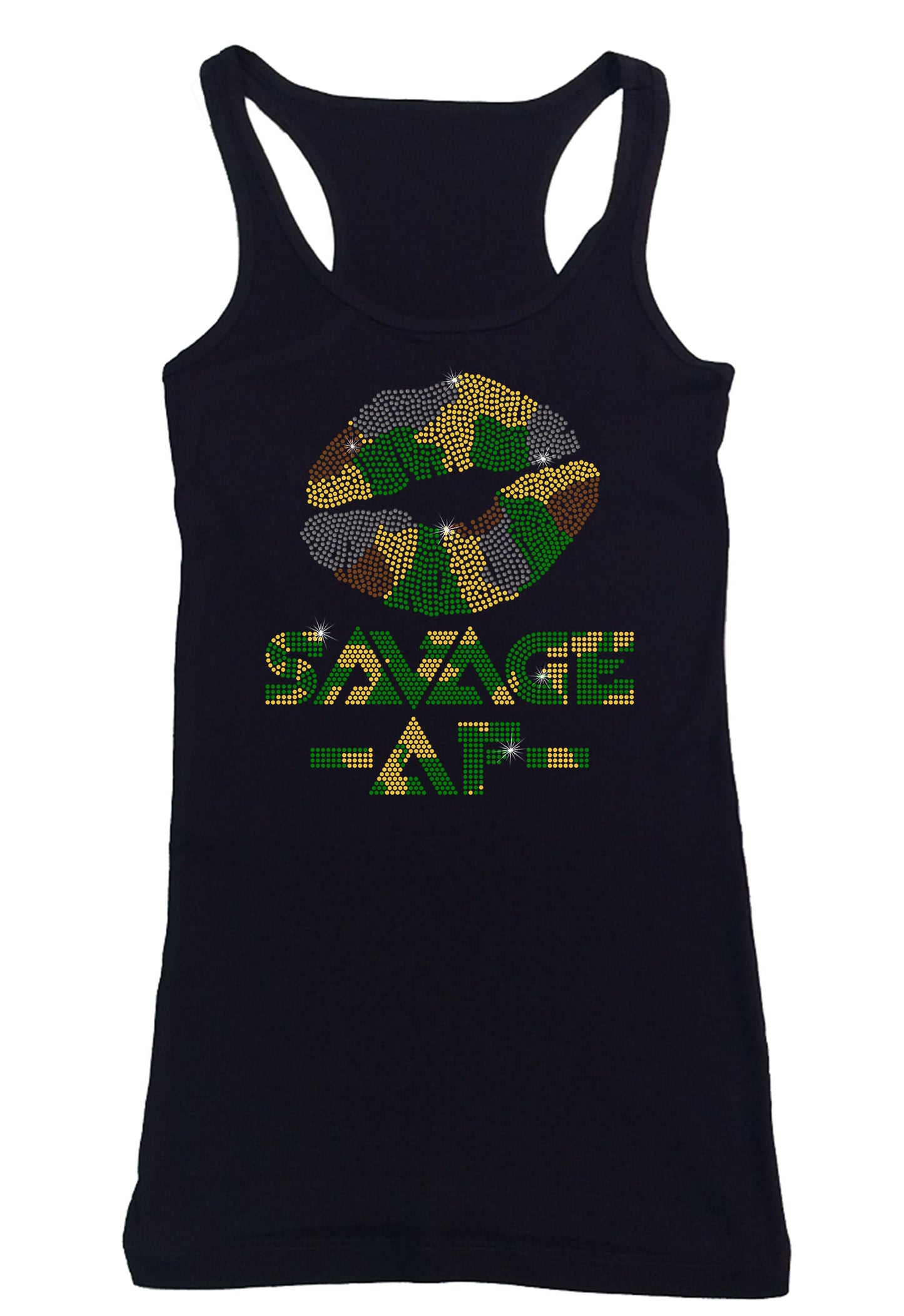 Womens T-shirt with Camo Lips Savage AF in Rhinestones