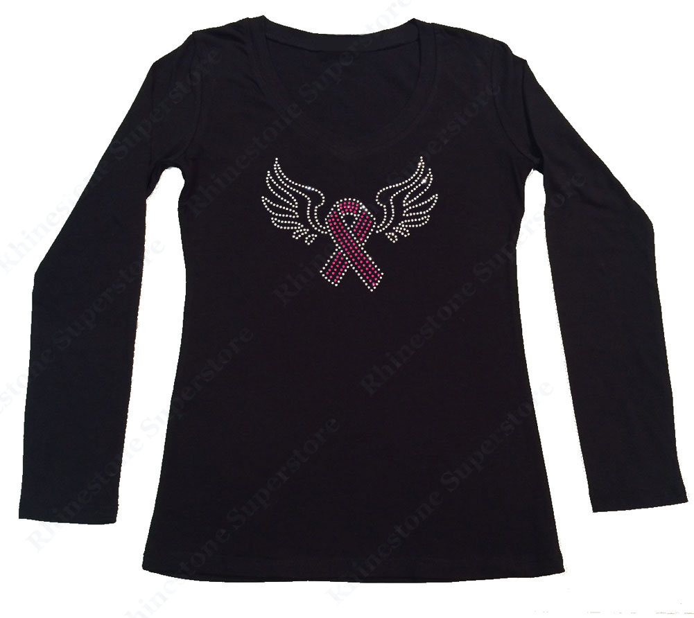 Womens T-shirt with Cancer Ribbon with Wings in Rhinestones