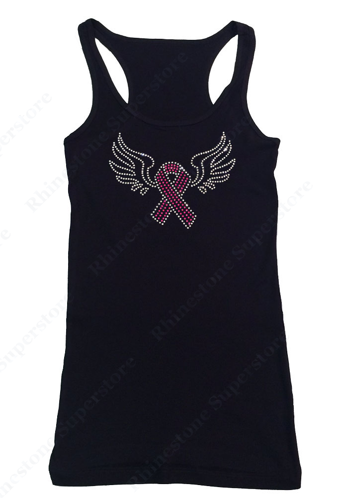Womens T-shirt with Cancer Ribbon with Wings in Rhinestones