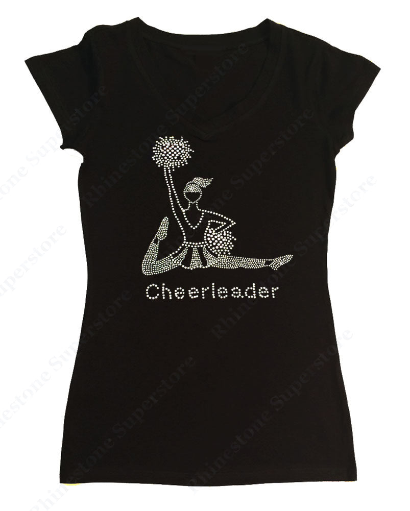 Womens T-shirt with Cheerleader with Pom Poms in Rhinestones