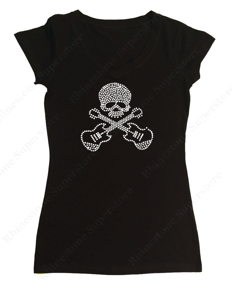 Womens T-shirt with Skull with Guitars in Rhinestones