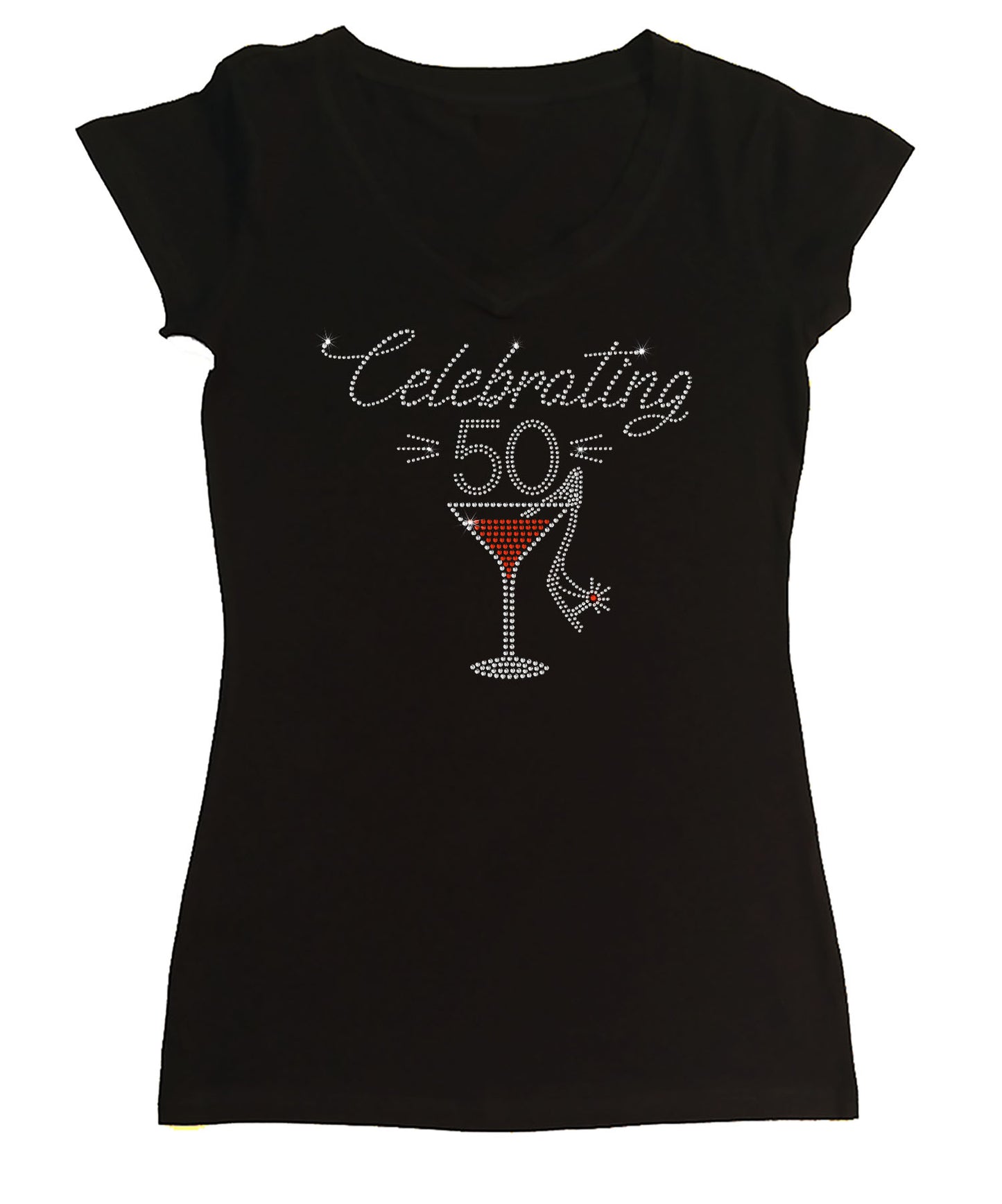 Womens T-shirt with Celebrating 50 with Martini and Slipper in Rhinestones