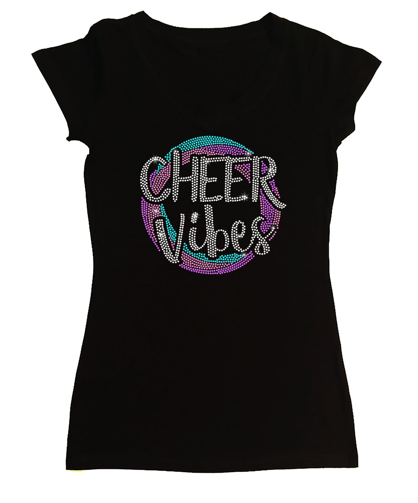Women's Rhinestone Fitted Tight Snug Shirt Colorful Cheer Vibes - Cheer Shirt, Cheer Bling