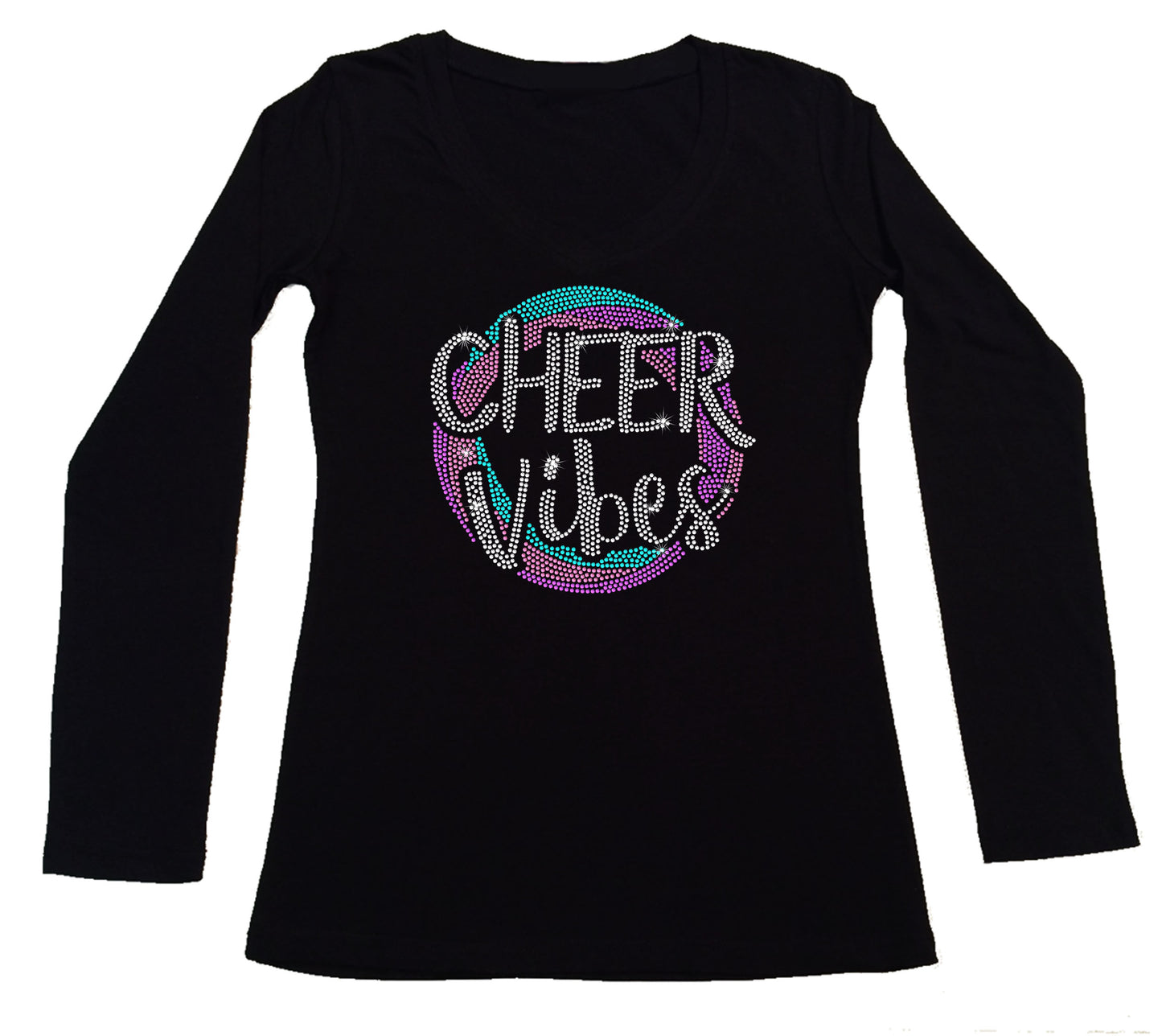 Women's Rhinestone Fitted Tight Snug Shirt Colorful Cheer Vibes - Cheer Shirt, Cheer Bling