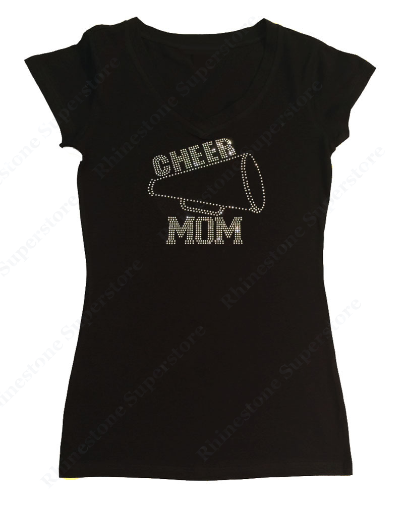 Womens T-shirt with Cheer Mom With Megaphone in Rhinestones