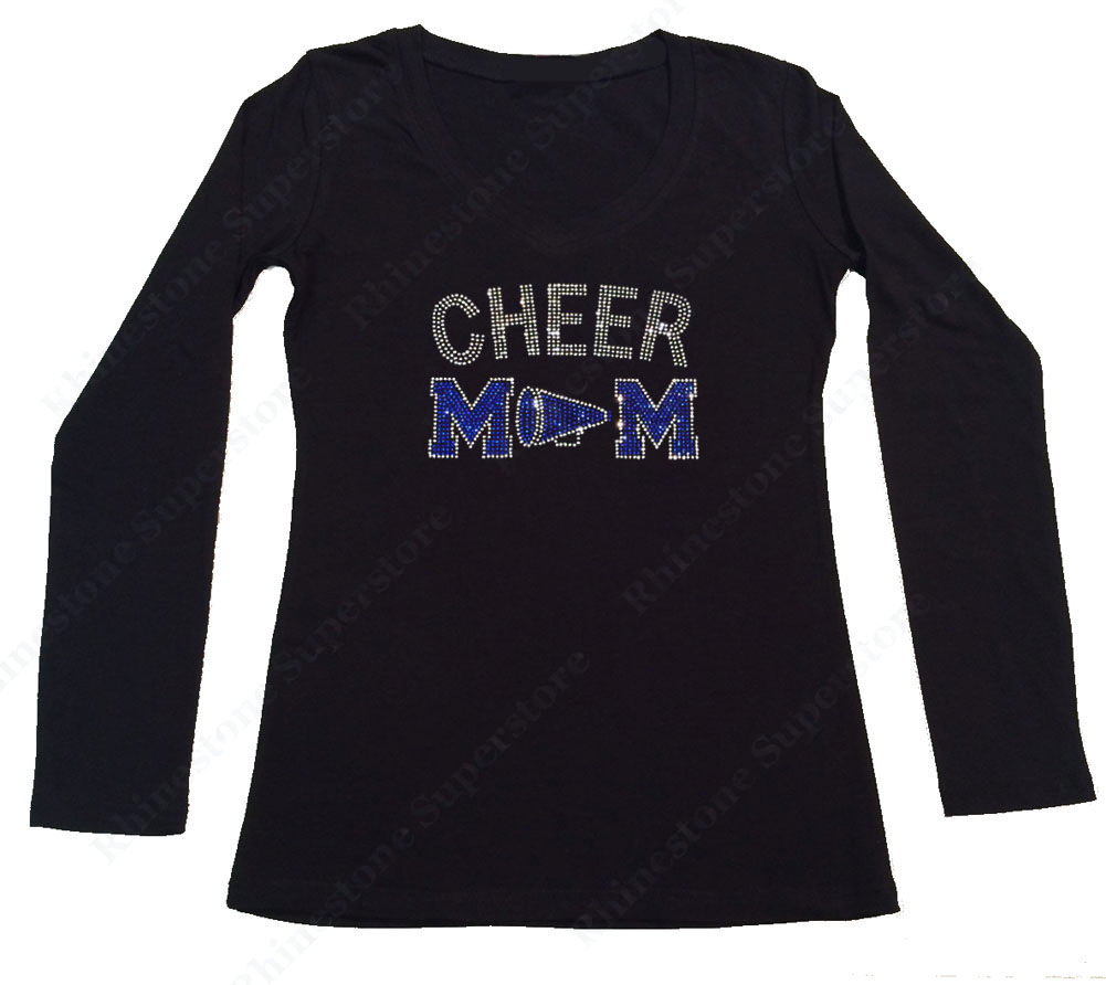 Womens T-shirt with Blue Cheer Mom with Megaphone in Rhinestones