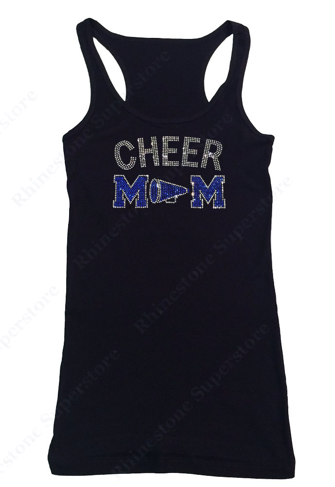Womens T-shirt with Blue Cheer Mom with Megaphone in Rhinestones