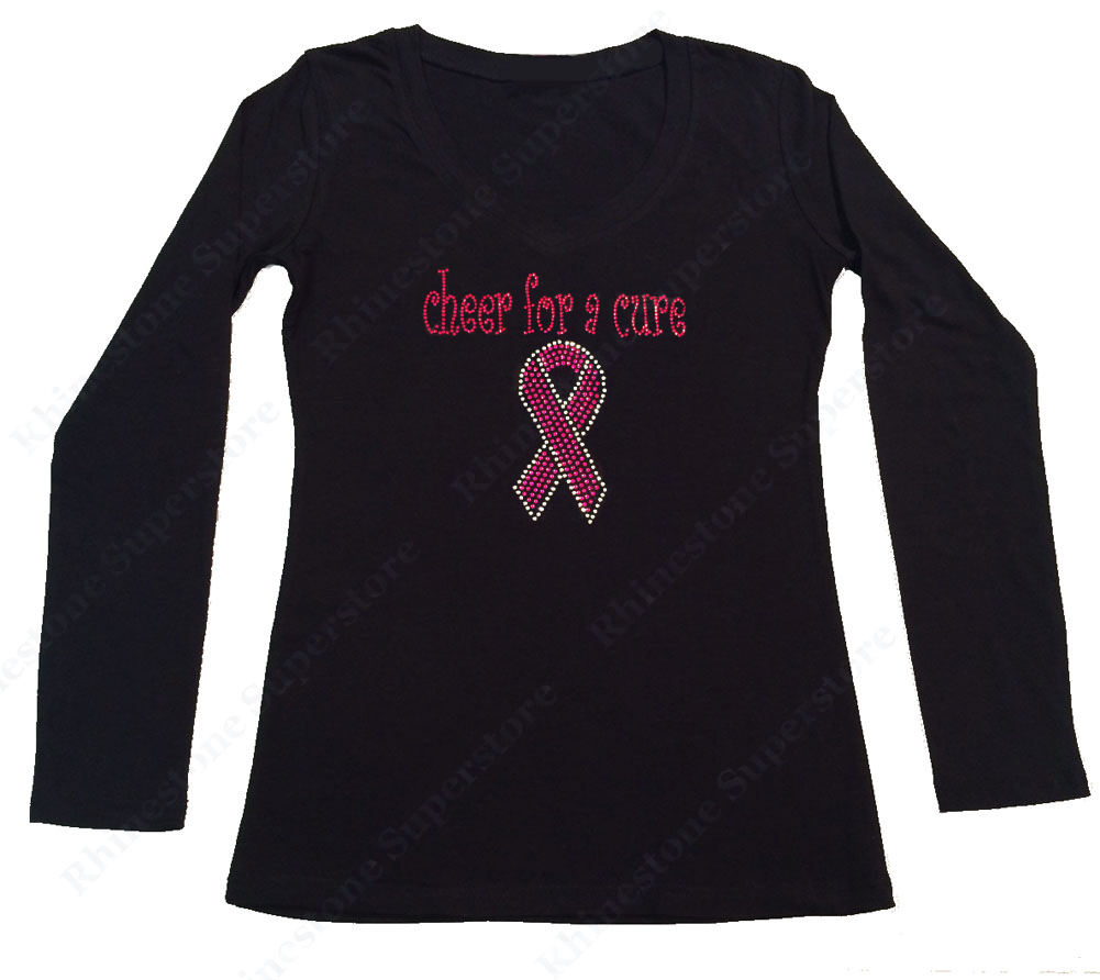 Womens T-shirt with Cheer for a Cure Cancer Ribbon in Rhinestones