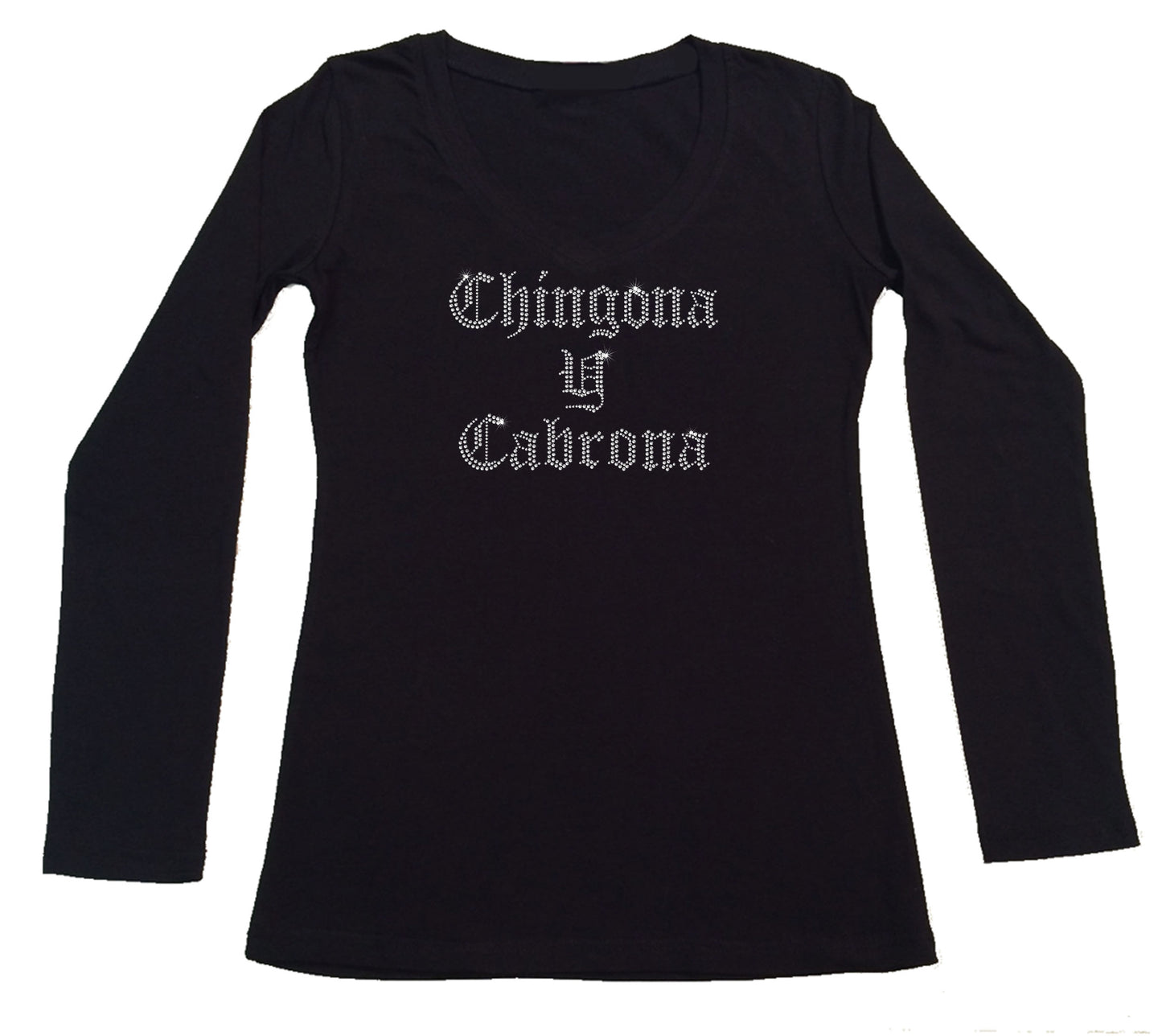 Womens T-shirt with Chingona y Cabrona in Rhinestones