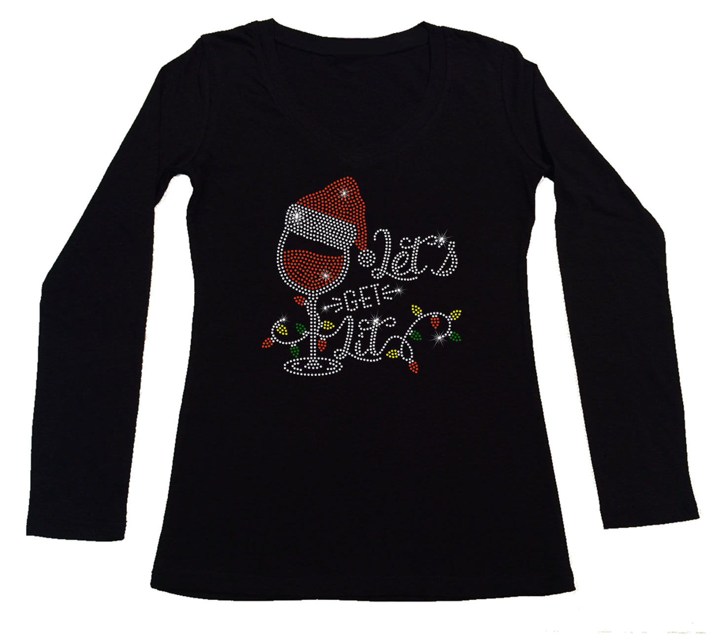 Women's Rhinestone Fitted Tight Snug Shirt Let's Get Lit Wine Glass with Santa Hat - Christmas Lights, Christmas Shirt