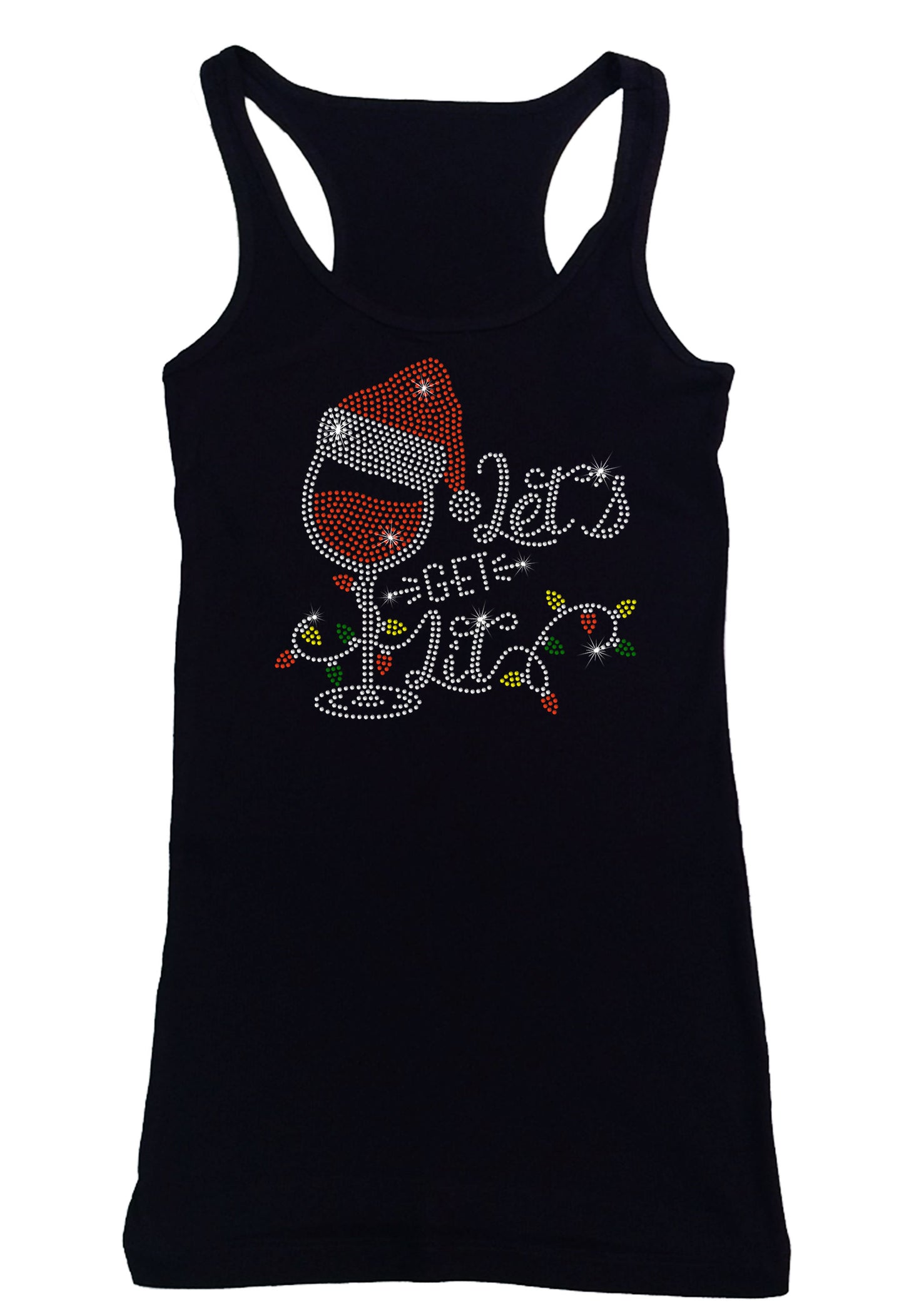 Women's Rhinestone Fitted Tight Snug Shirt Let's Get Lit Wine Glass with Santa Hat - Christmas Lights, Christmas Shirt