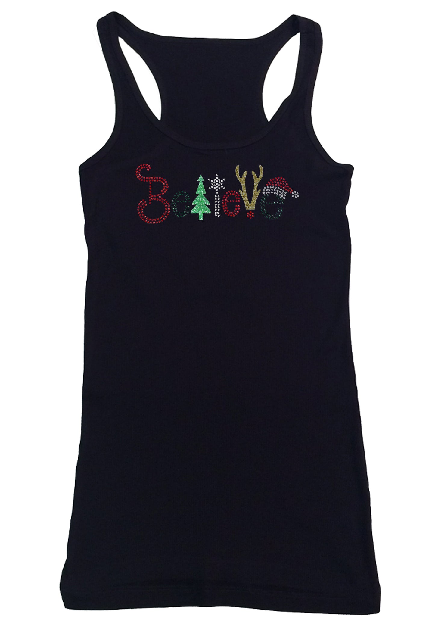 Womens T-shirt with Christmas Believe in Glitters and Rhinestones