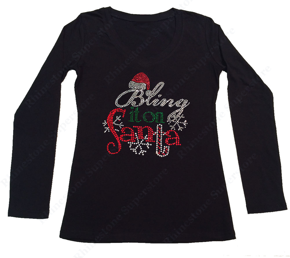 Womens T-shirt with Christmas Bling it on Santa in Rhinestones