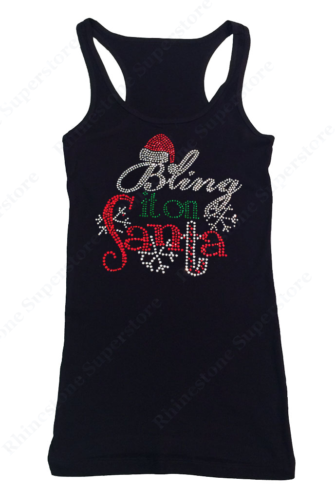Womens T-shirt with Christmas Bling it on Santa in Rhinestones