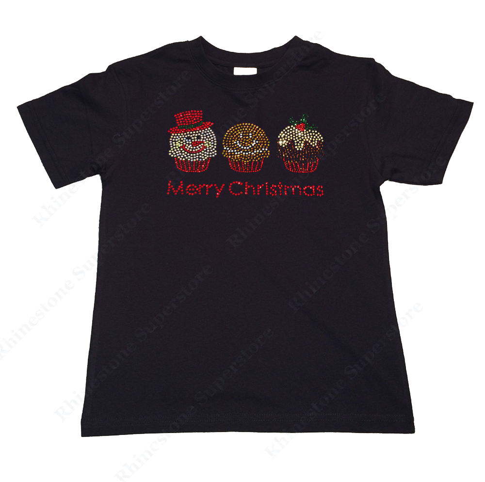 Girl's Rhinestone T-Shirt " Christmas Cupcakes with Frosty Ginger Bread Man Mistletoe "