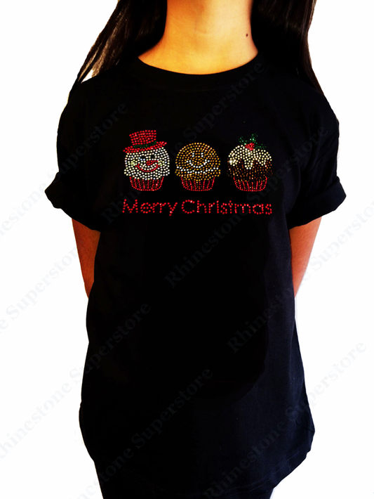 Girl's Rhinestone T-Shirt " Christmas Cupcakes with Frosty Ginger Bread Man Mistletoe "