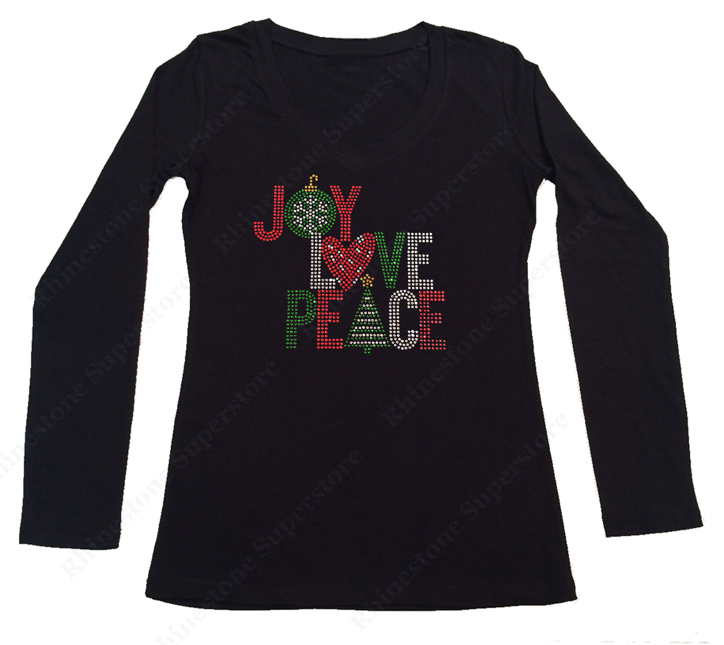 Christmas Joy Love Peace in Rhinestones long sleeve