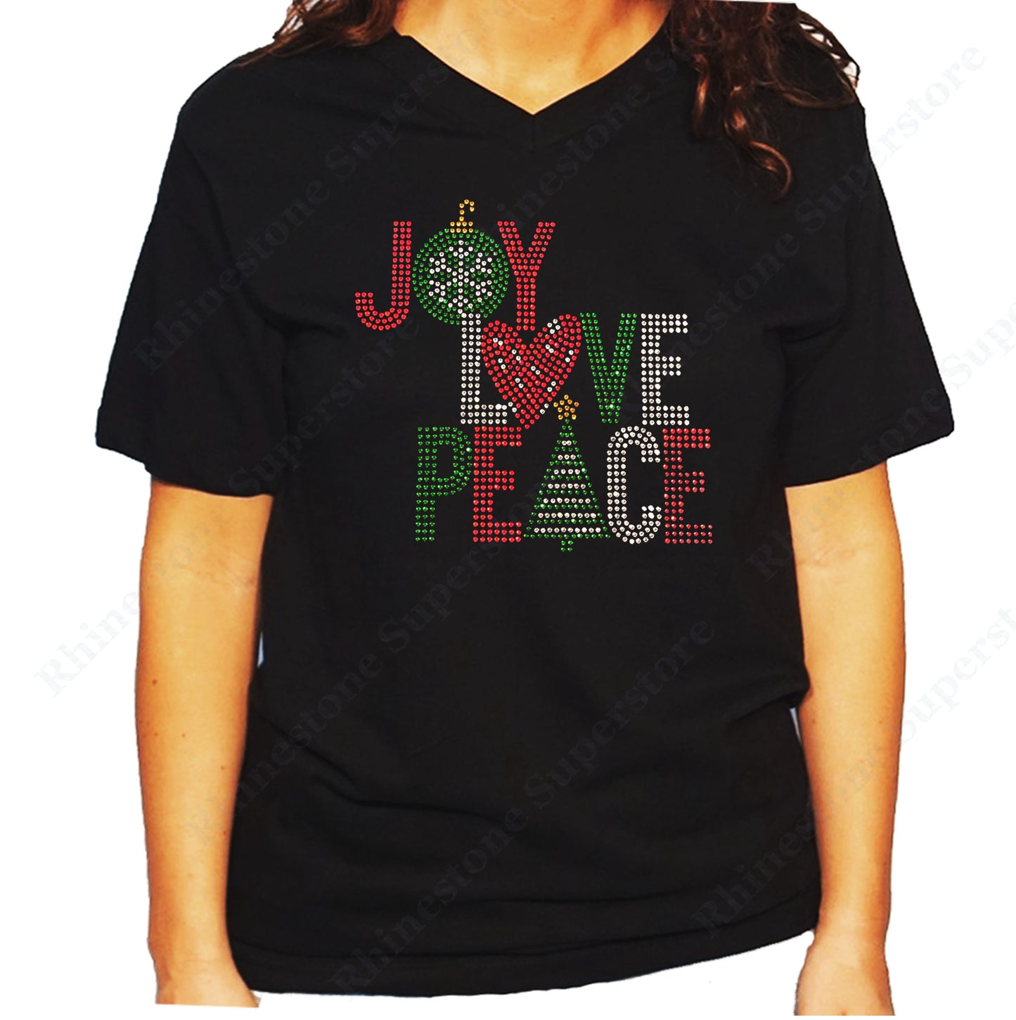 Women's / Unisex T-Shirt with Christmas Joy Love Peace in Rhinestones