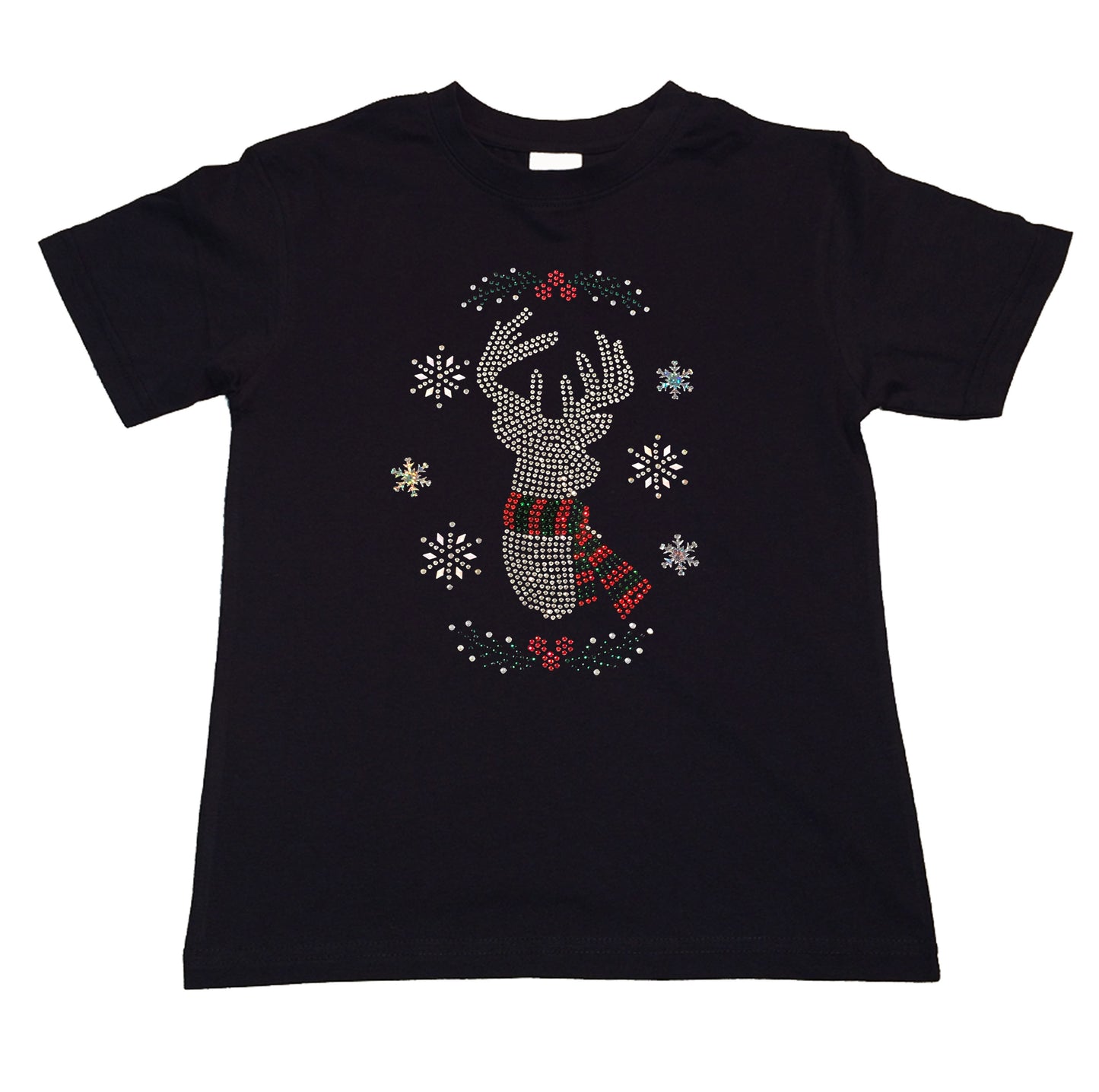 Girls Rhinestone T-Shirt " Christmas Reindeer with Snowflakes in Rhinestones " Kids Size 3 to 14 Available