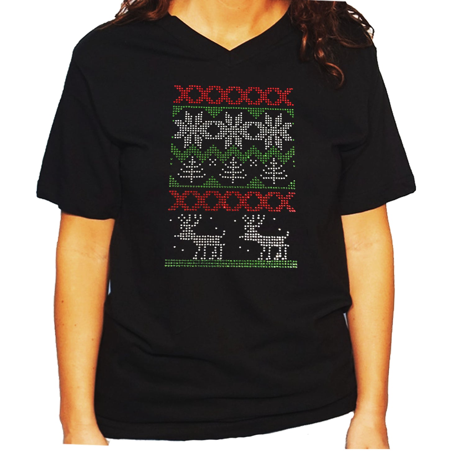 Women's / Unisex T-Shirt with Christmas Ugly Shirt with Reindeer in Rhinestones