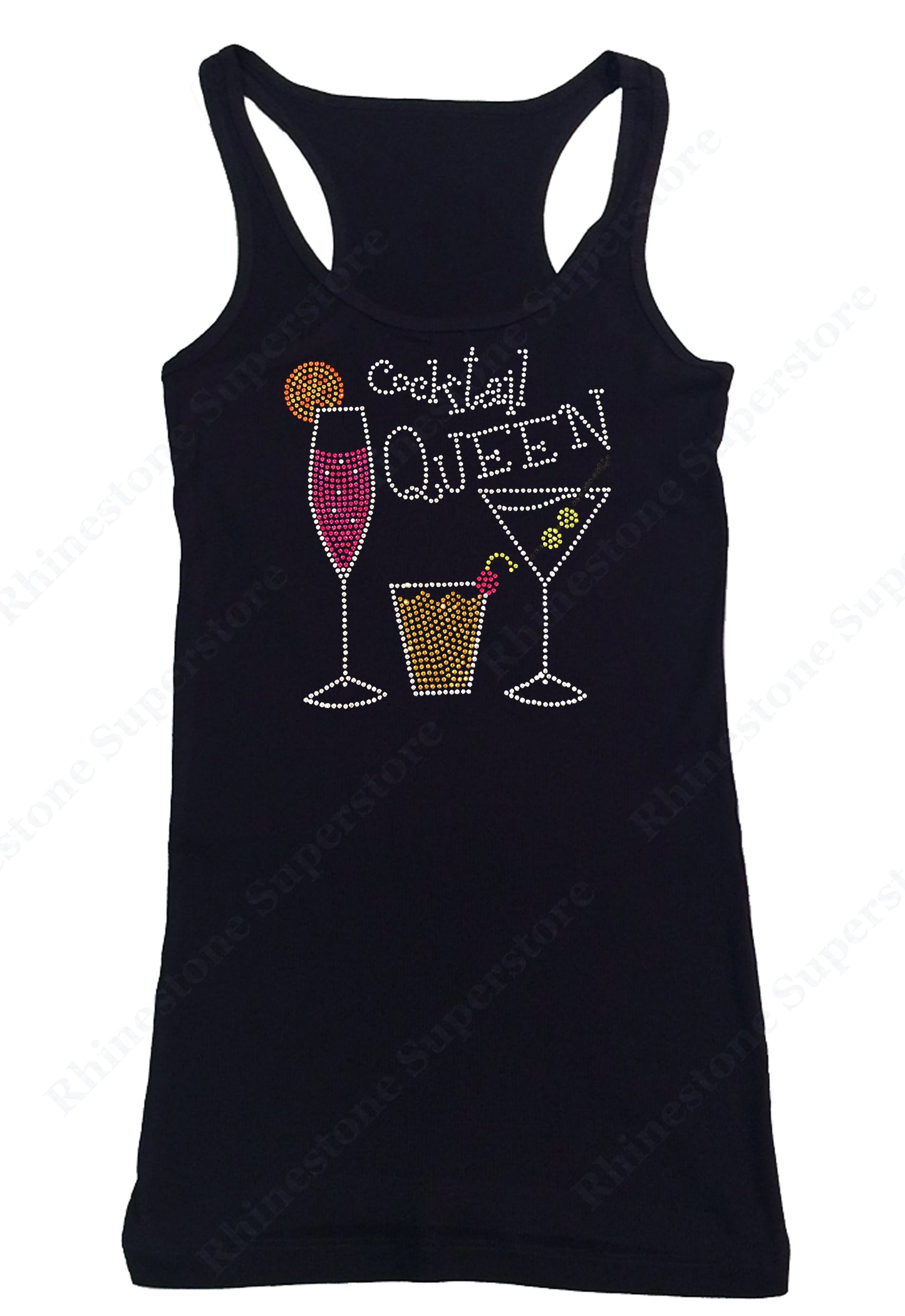 Womens T-shirt with Cocktail Queen in Rhinestones