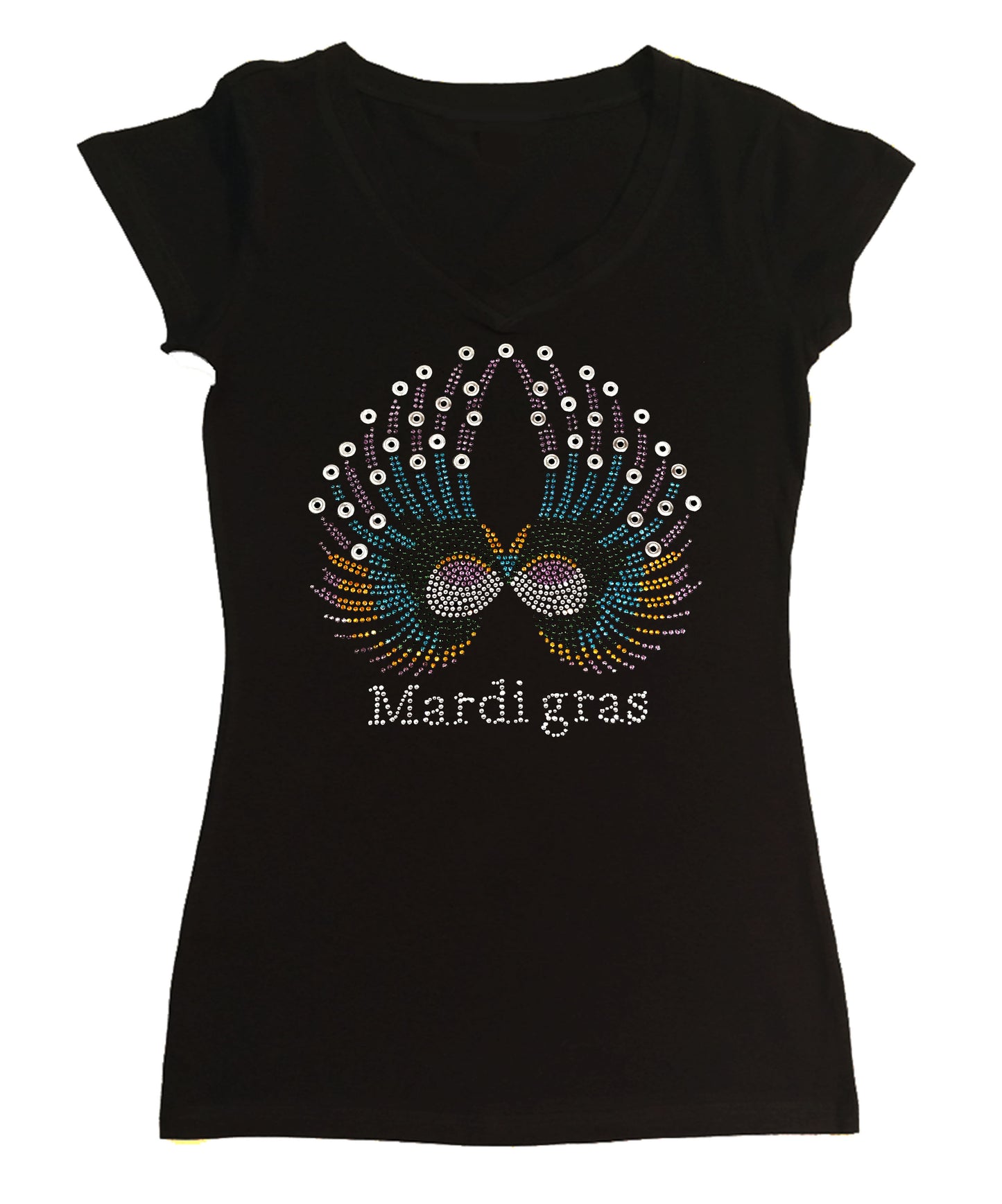Womens T-shirt with Colorful Mardi Gras Wings in Rhinestones