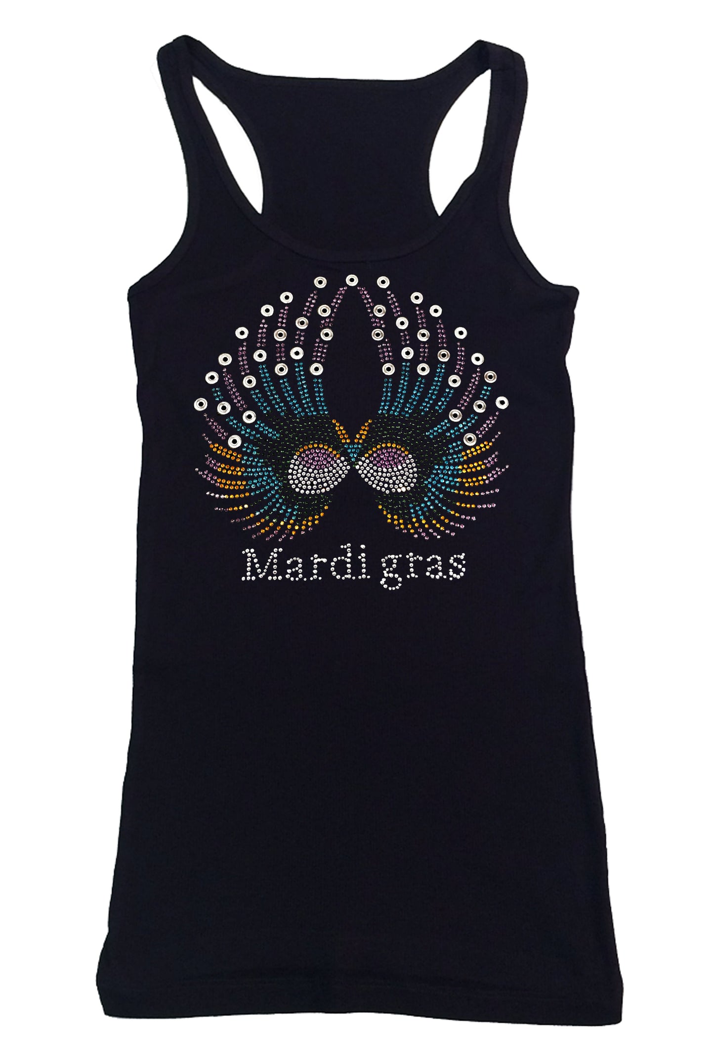 Womens T-shirt with Colorful Mardi Gras Wings in Rhinestones