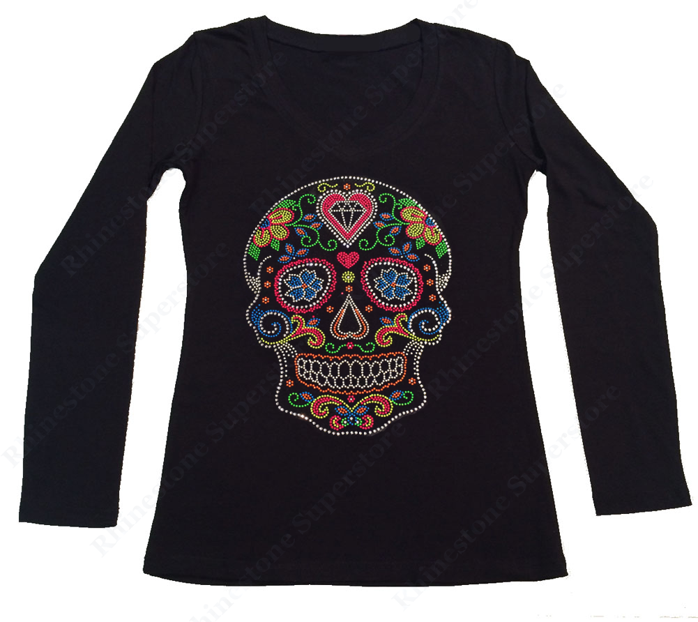 Womens T-shirt with Colorful Neon Sugar Skull in Rhinestones