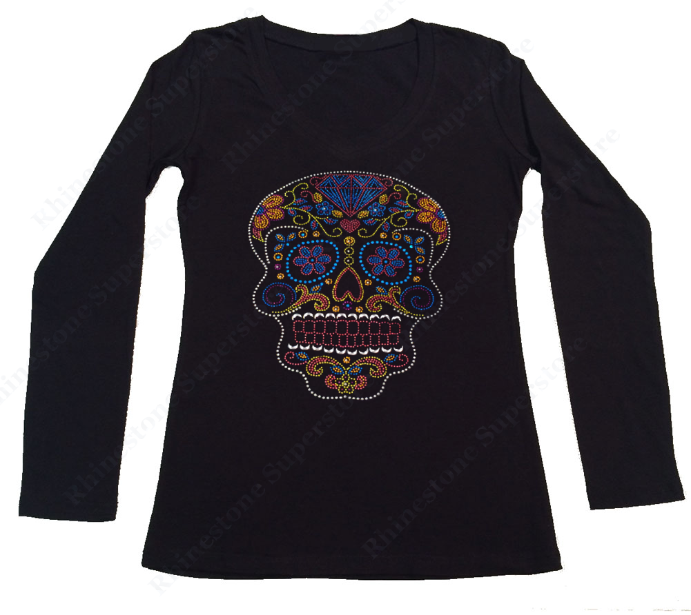 Womens T-shirt with Colorful Sugar Skull in Rhinestuds
