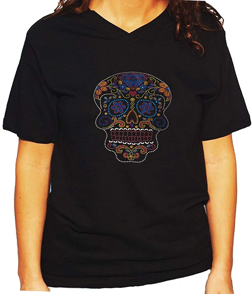 Women's / Unisex T-Shirt with Colorful Sugar Skull in Rhinestuds