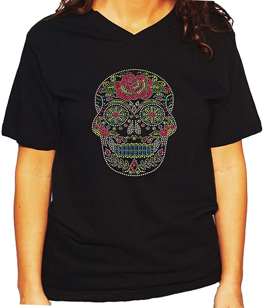 Women's / Unisex T-Shirt with Colorful Sugar Skull with Rose in Rhinestuds