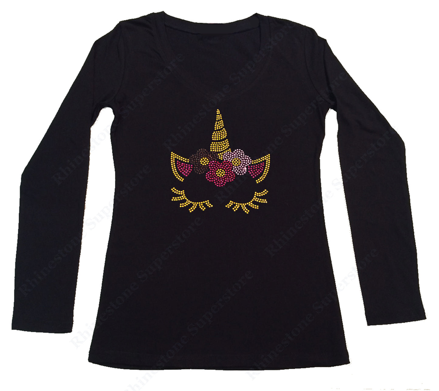 Womens T-shirt with Blessed with Colorful Unicorn Face in Rhinestud