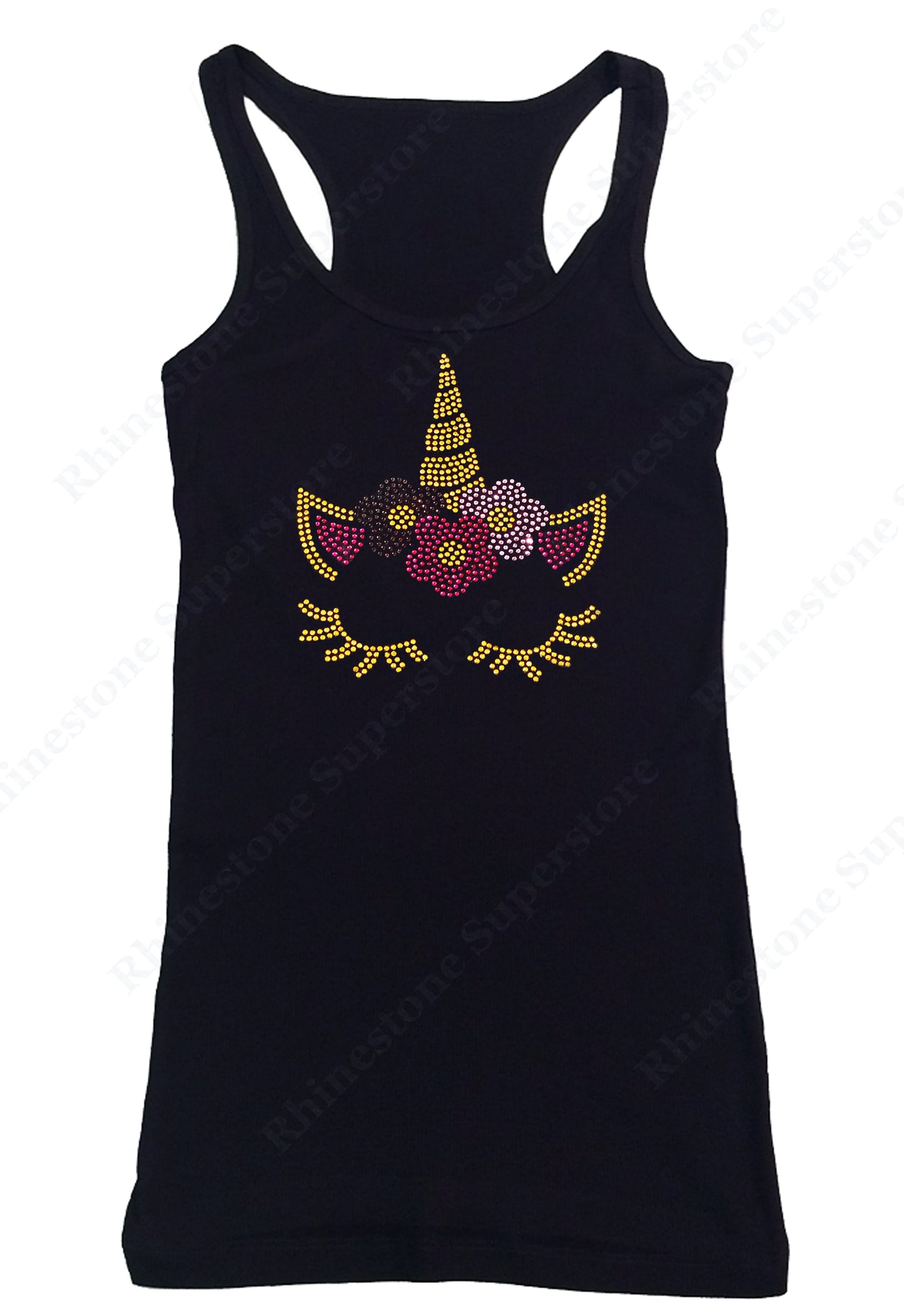 Womens T-shirt with Blessed with Colorful Unicorn Face in Rhinestud