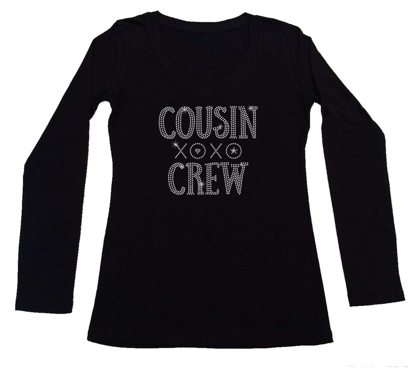 Women's Rhinestone Fitted Tight Snug Shirt Cousin Crew with XOXO - Hugs & Kisses