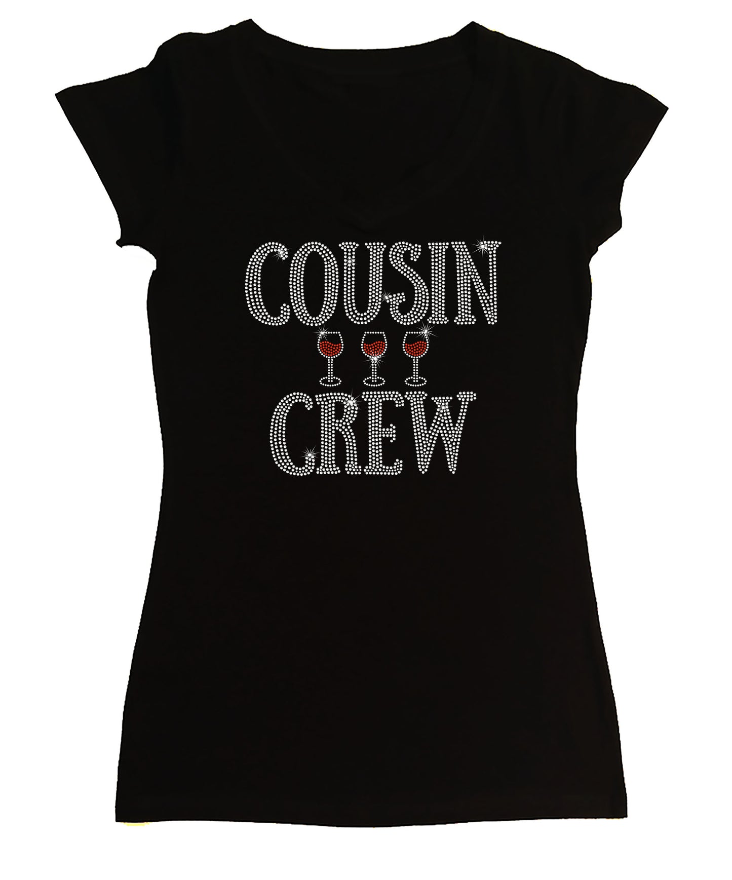 Women's Rhinestone Tight Snug Shirt Cousin Crew w/ Red Wine Glasses