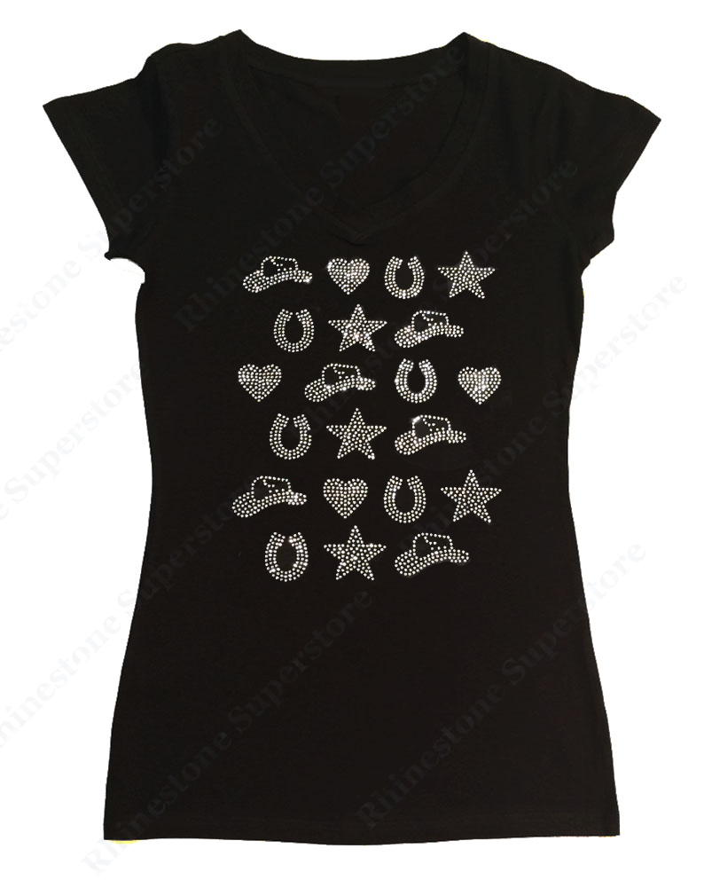 Womens T-shirt with Cowboy Hat, Heart, Horse Shoe, and Star in Rhinestones