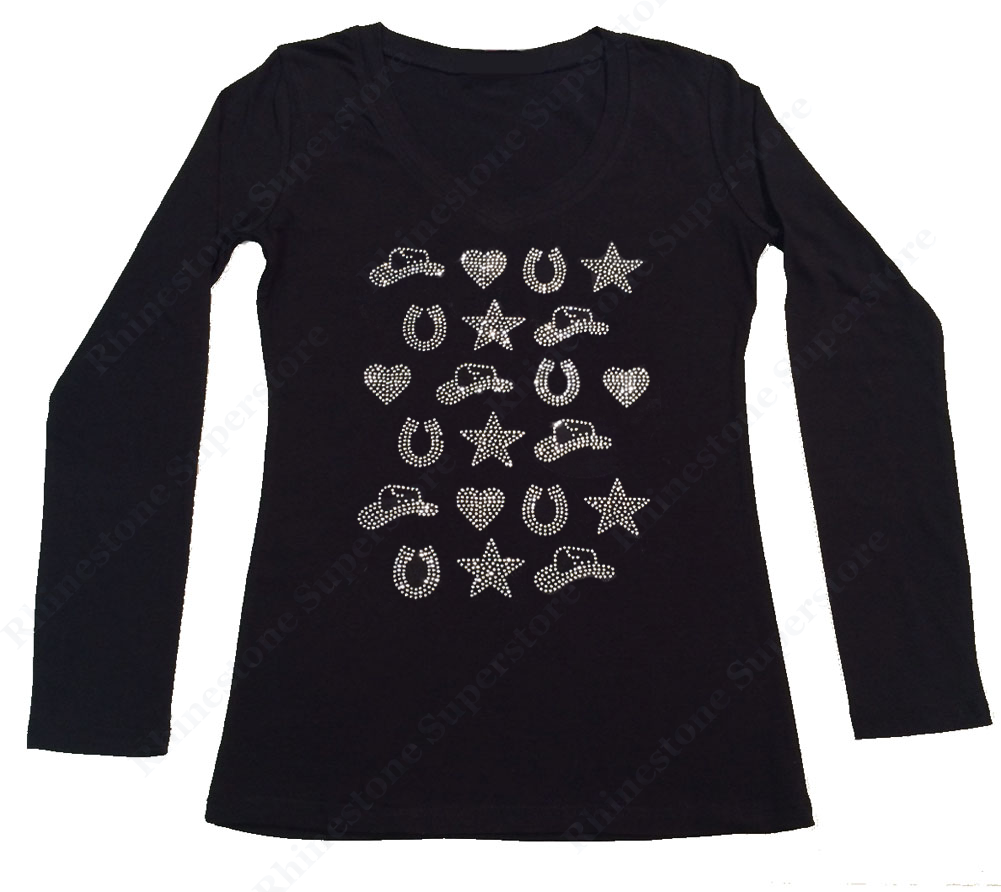 Womens T-shirt with Cowboy Hat, Heart, Horse Shoe, and Star in Rhinestones