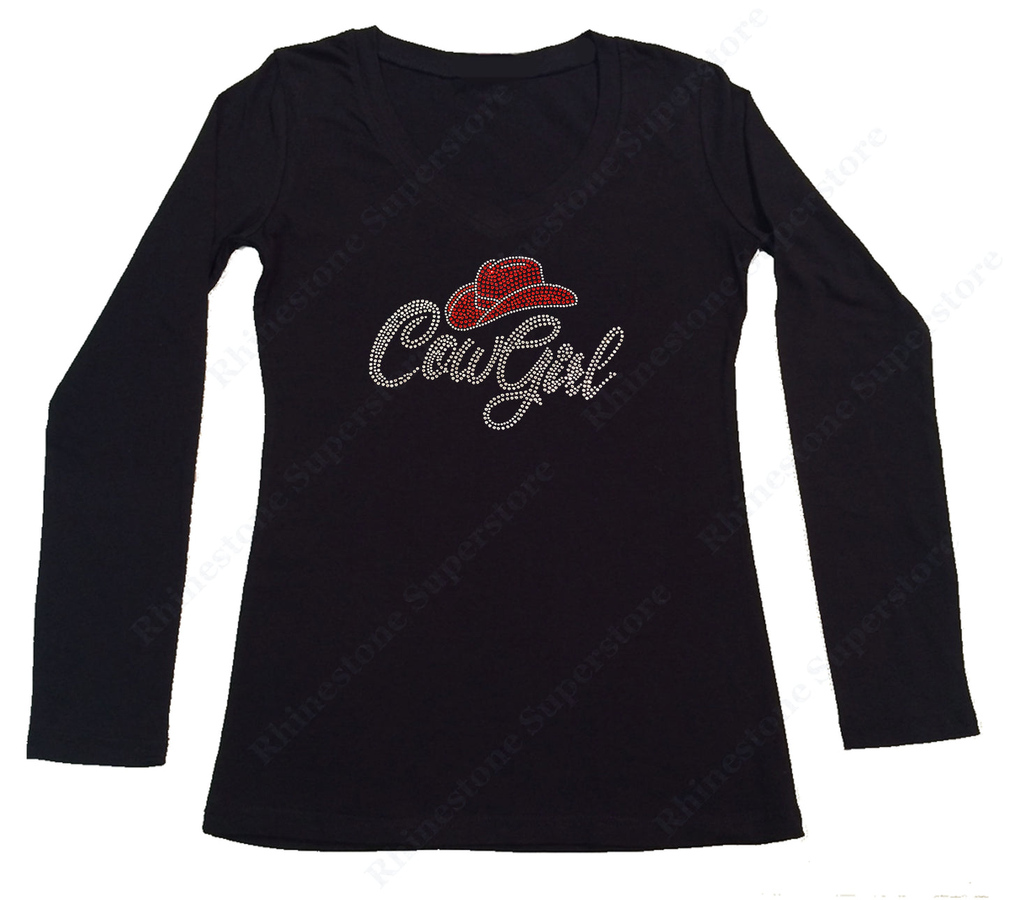 Womens T-shirt with Cowgirl with Red Hat in Rhinestones