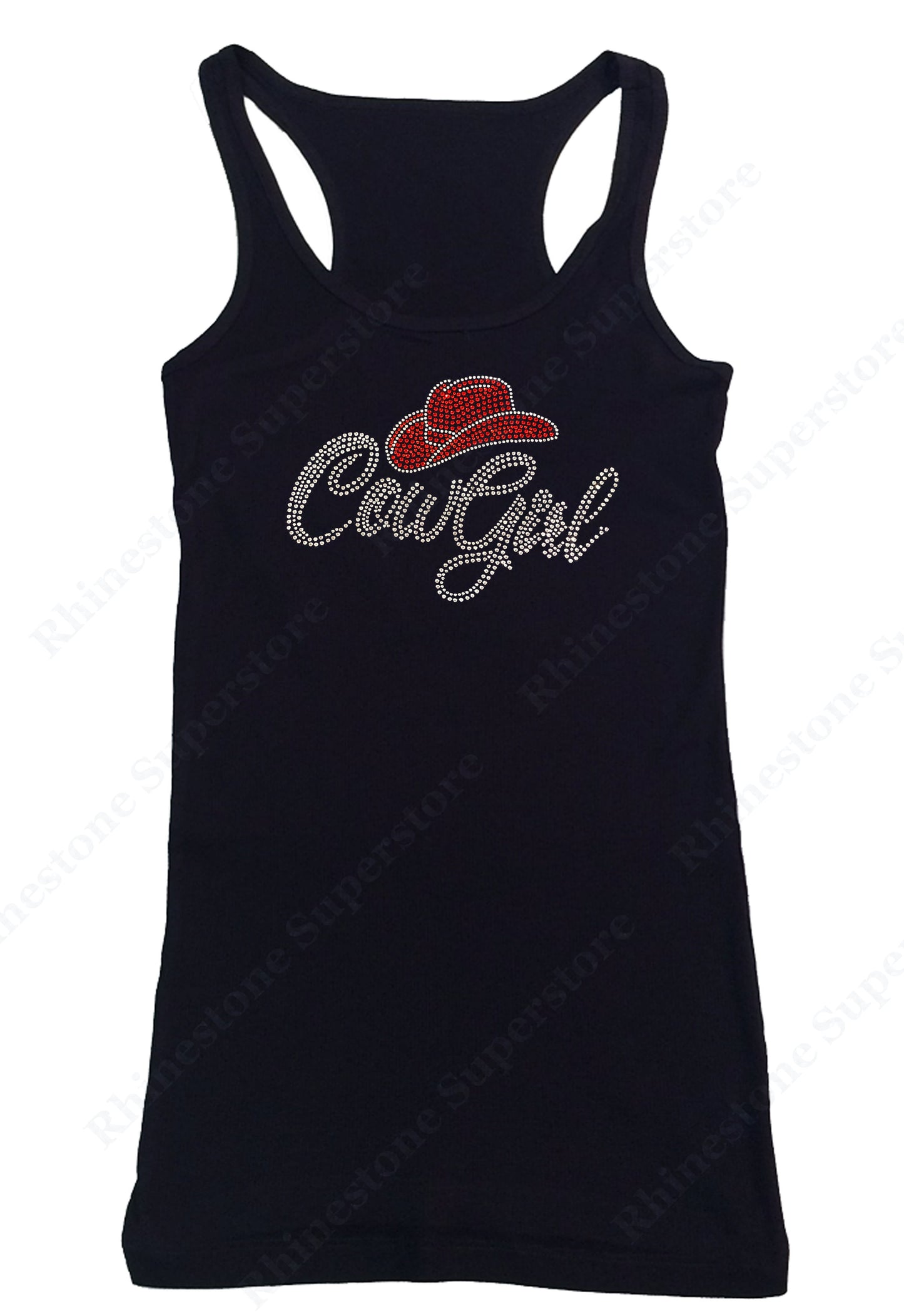 Womens T-shirt with Cowgirl with Red Hat in Rhinestones