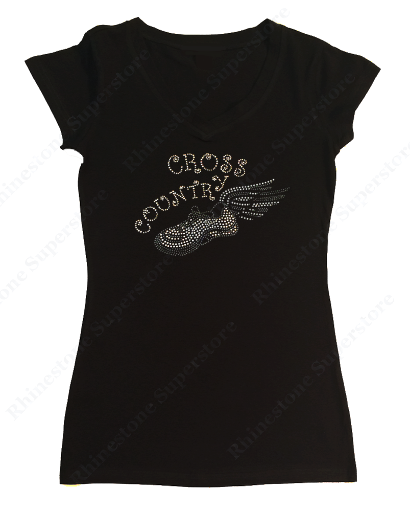 Womens T-shirt with Cross Country Running in Rhinestones