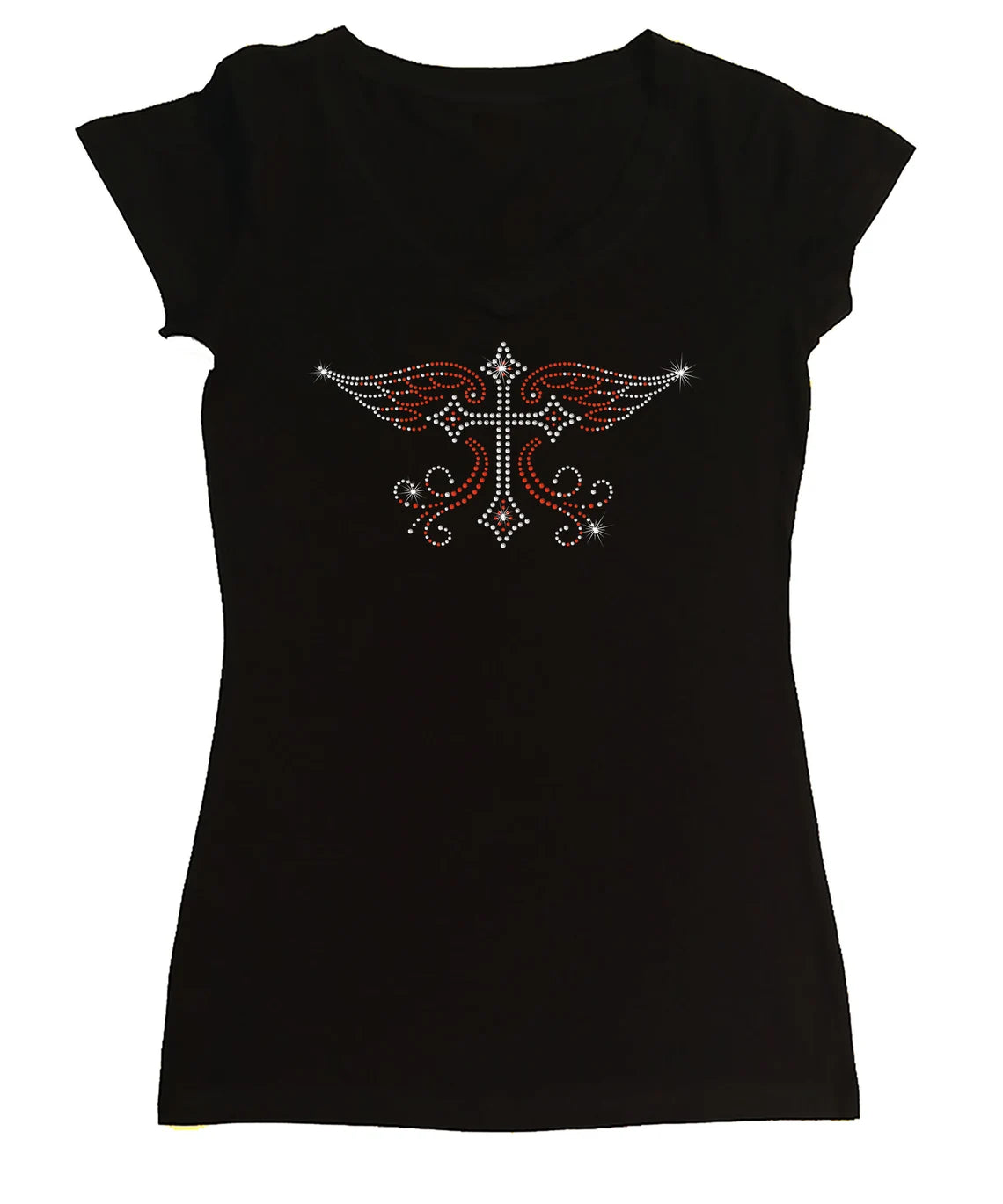 Women's Rhinestone Fitted Tight Snug Cross with Wings - Rhinestone Church shirt, Red Cross