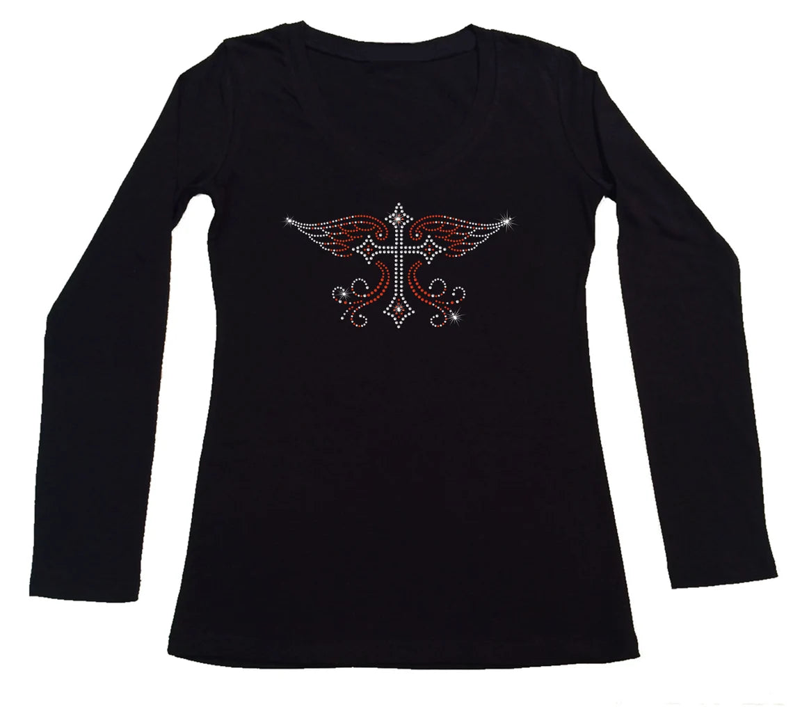 Women's Rhinestone Fitted Tight Snug Cross with Wings - Rhinestone Church shirt, Red Cross