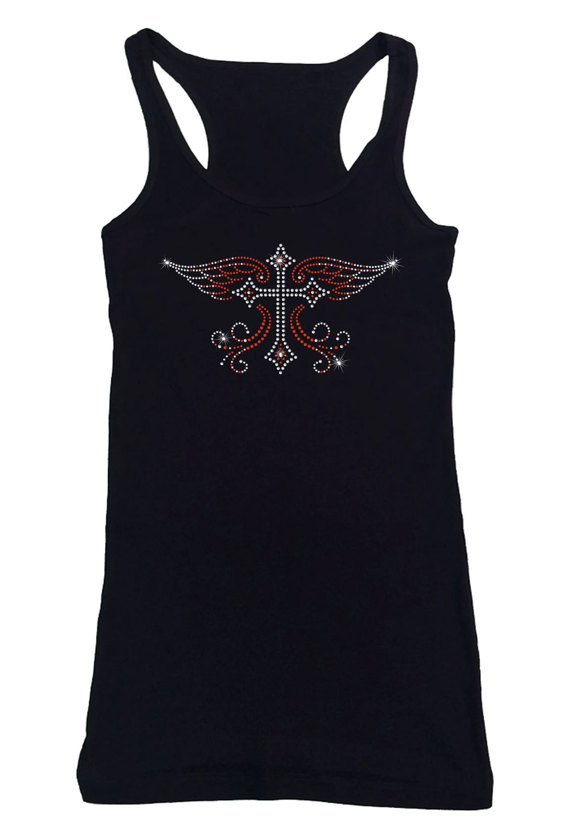 Women's Rhinestone Fitted Tight Snug Cross with Wings - Rhinestone Church shirt, Red Cross