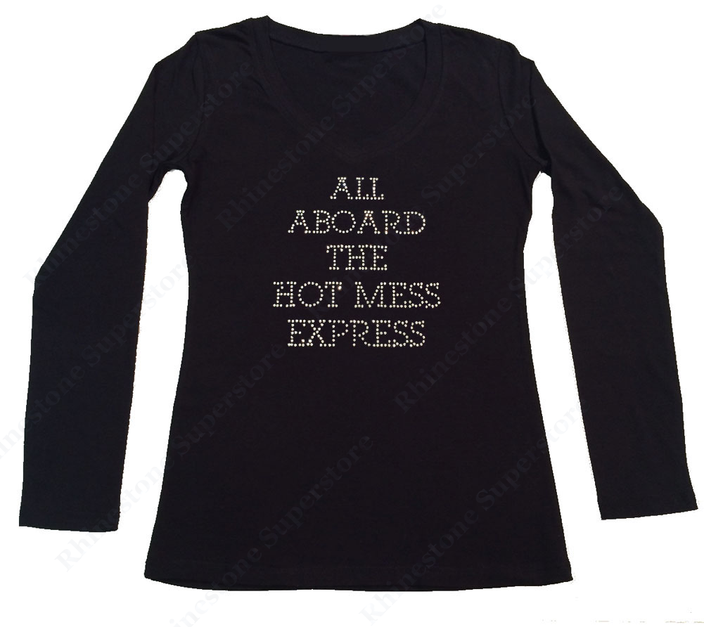 Womens T-shirt with Crystal All Aboard the Hot Mess Express in Rhinestones